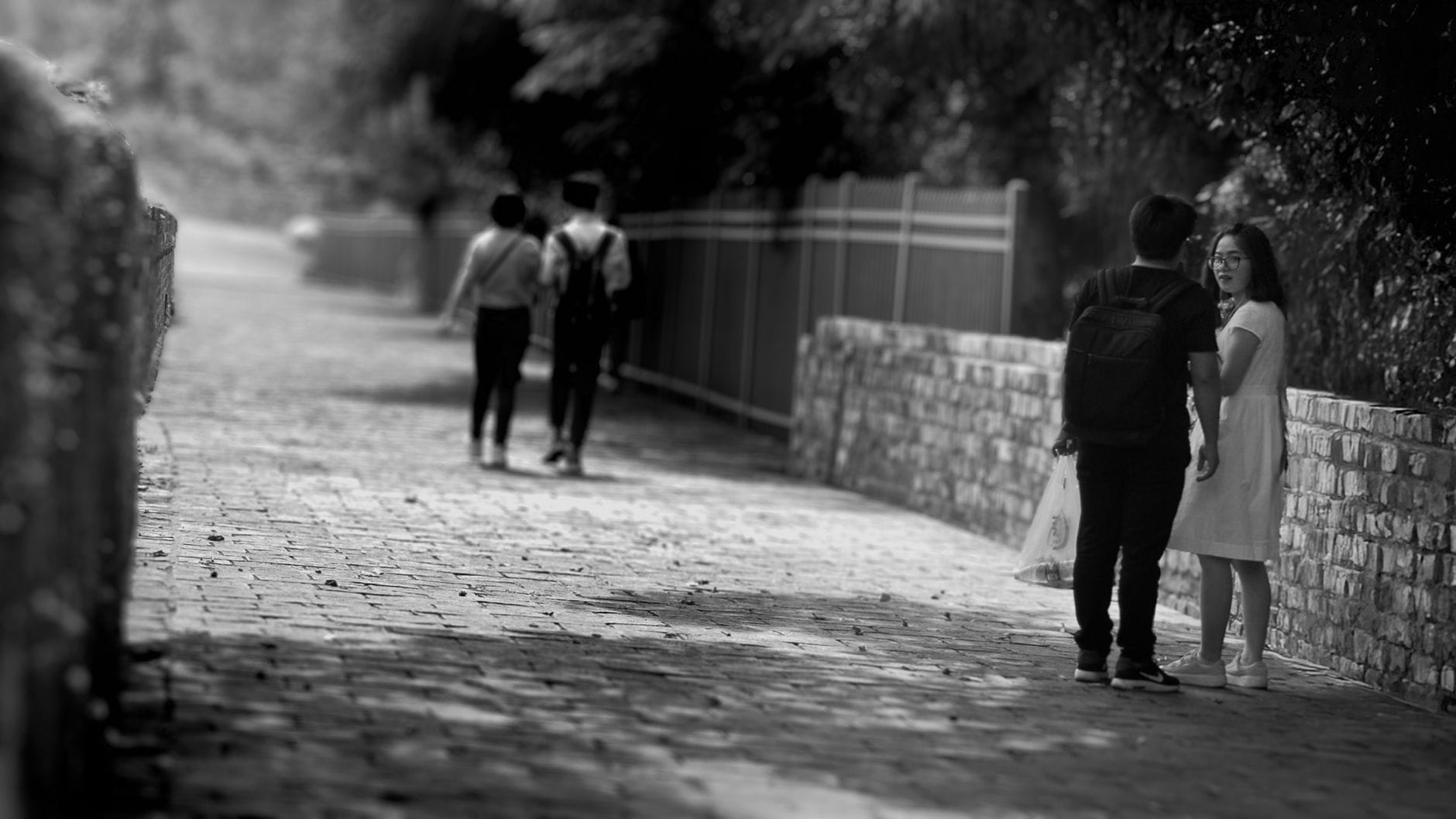 Kiedy jedno się zmienia, a drugie stoi w miejscu – jak przetrwać różne tempo rozwoju Dwie pary spacerujące po brukowanej alejce w spokojnej, czarno-białej scenerii