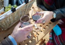 Weekend winiarski w Polsce: winnice idealne na randkę i degustację we dwoje Dwie osoby wznoszą toast czerwonym winem przy koszu piknikowym na świeżym powiet